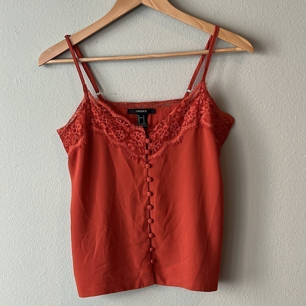 Forever 21 Lace Trim Button Front Camisole Tank Top in Burnt Orange Size Small
